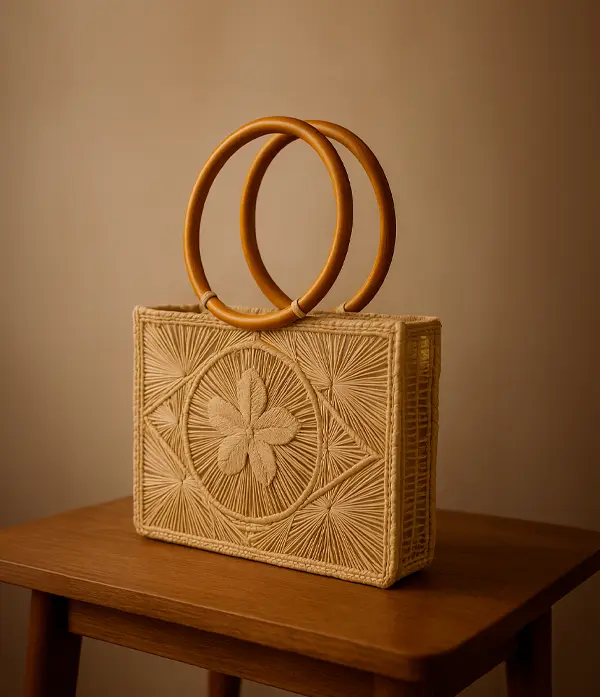 Cartera Rectangular de Fibras Naturales con Asas de Madera