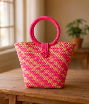 Bolso de Mimbre Trenzado Rosa con Rayas y Broche Floral