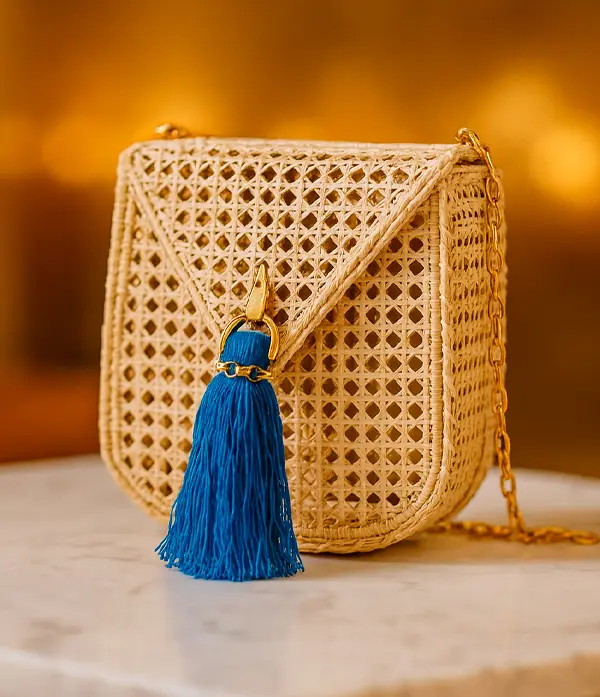 Bolso Envelope de Rattan con Cadena Dorada y Borla Azul