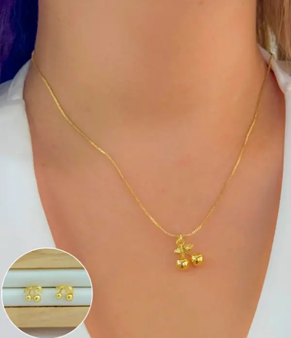 Set en Rodio Dorado con Diseño de Cerezas