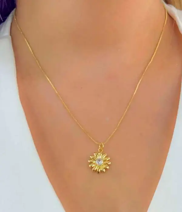 Collar en Rodio Dorado con Dije de Sol y Circonia Central