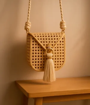 Bolso Tejido de Ratan con Flecos y Solapa Frontal