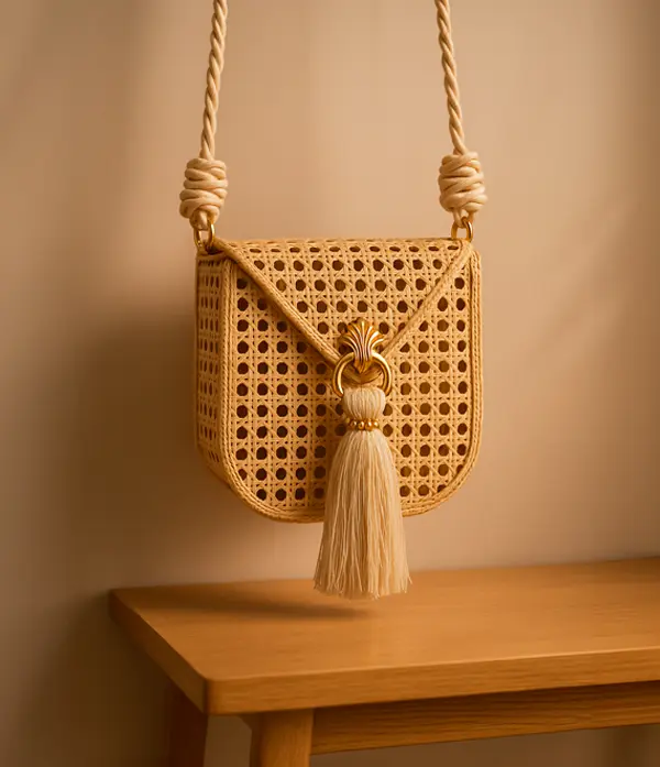 Bolso Tejido de Ratan con Flecos y Solapa Frontal